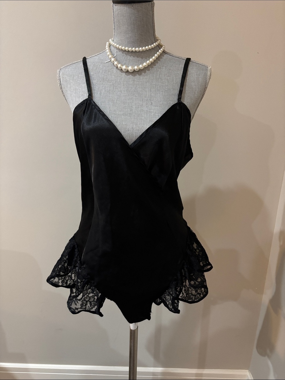 Vintage Victoria’s Secret Black Satin Lace Trim Camisole Bodysuit Teddy
